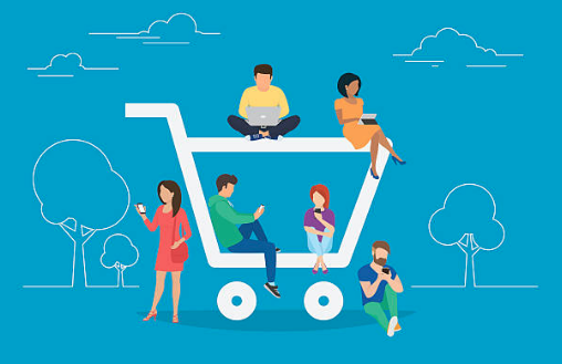 An illustration showing a shopping cart and 6 people sitting or standing in and around it using their phone or laptop